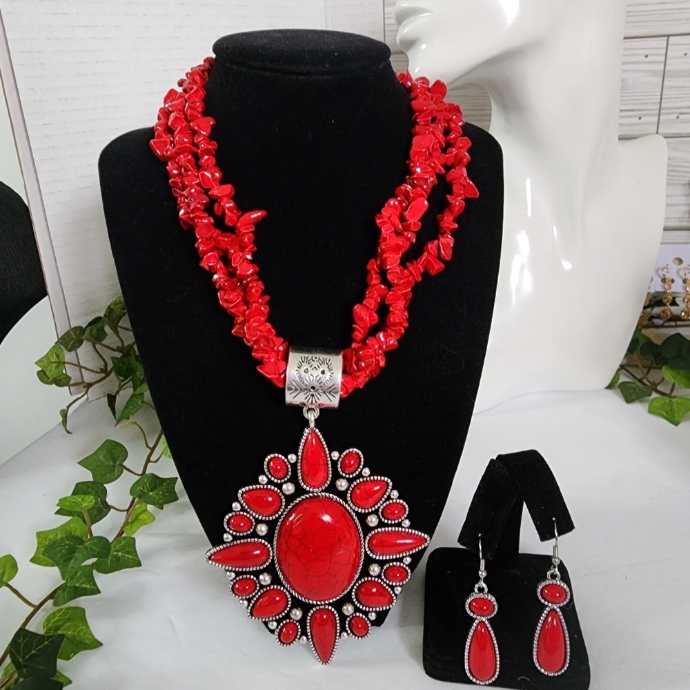 Vibrant Red Statement Necklace and Earrings Set - Boho Southwestern Style
